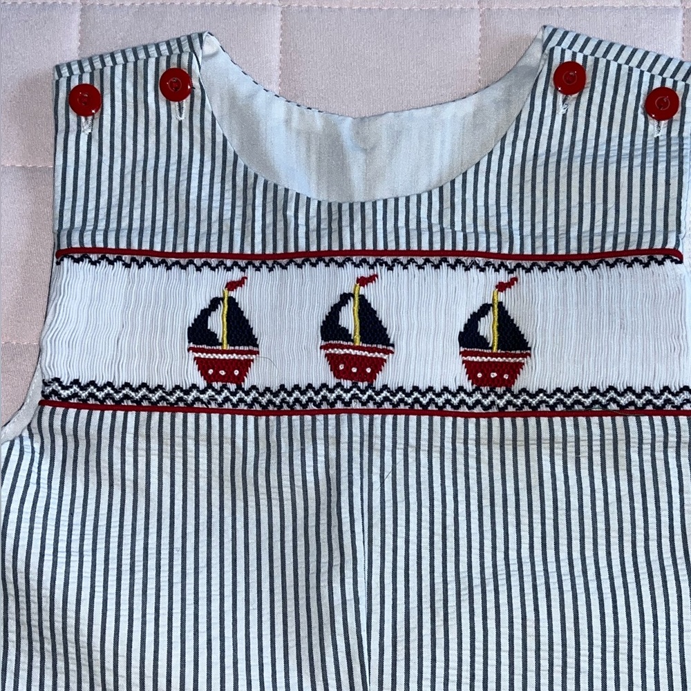 Seersucker Striped Sailboat Smocked Jon Jon Romper Red Buttons Size 2T